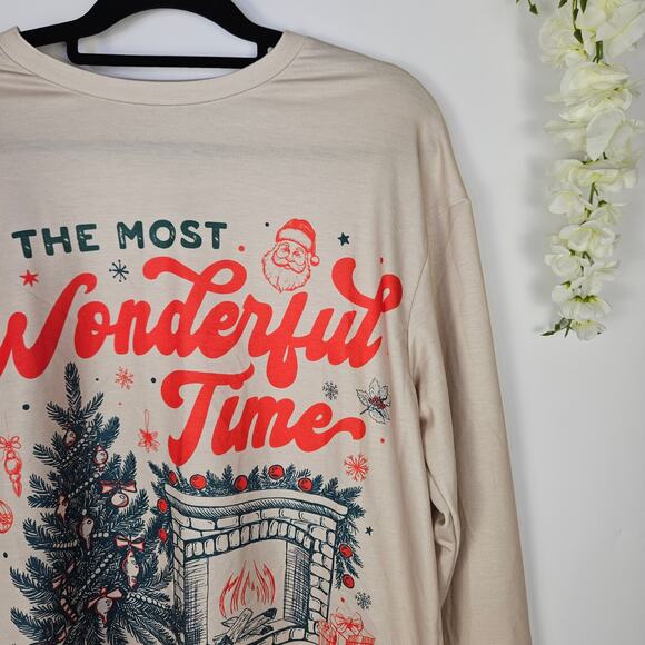 Beige Christmas Sweatshirt Wonderful Time Print Cozy Holiday Trendy Party Medium - Picture 6 of 12